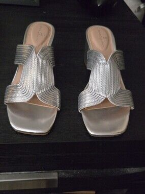 Silver Slide Sandals with Textured Strap